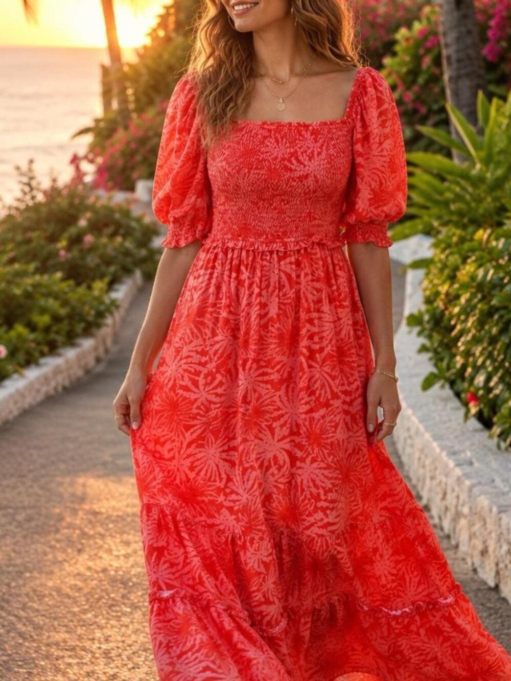 Betsey Johnson Palms of Paradise Maxi Dress Medium Spicy Orange Peach Floral